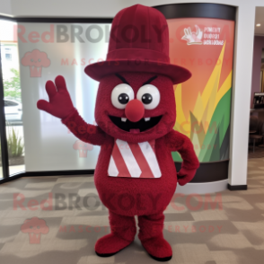 Maroon Pineapple mascot costume character dressed with a Shift Dress and Hat pins