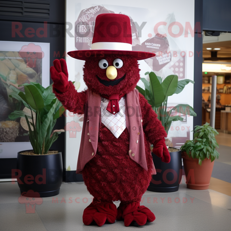 Maroon Pineapple mascot costume character dressed with a Shift Dress and Hat pins Maroon Pineapple mascot costume character dressed with a Shift Dress and Hat pins