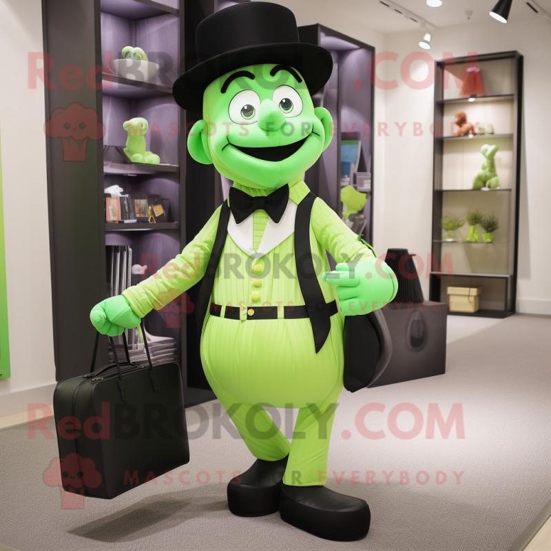 Lime Green Mime mascot costume character dressed with a Waistcoat and Wallets Lime Green Mime mascot costume character dressed with a Waistcoat and Wallets