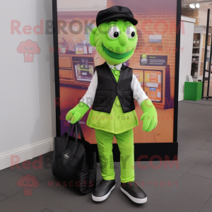 Lime Green Mime mascot costume character dressed with a Waistcoat and Wallets