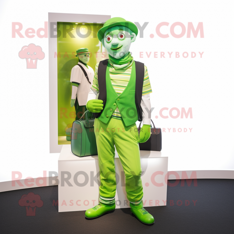 Lime Green Mime mascot costume character dressed with a Waistcoat and Wallets