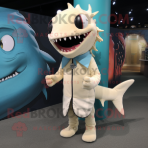 Cream Barracuda mascot costume character dressed with a Dress and Brooches