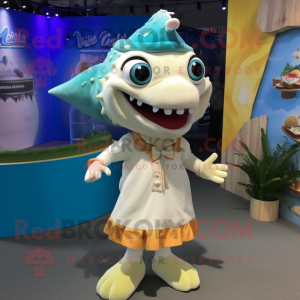 Cream Barracuda mascot costume character dressed with a Dress and Brooches