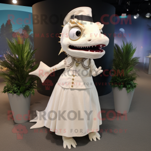 Cream Barracuda mascot costume character dressed with a Dress and Brooches