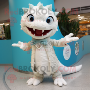 Cream Barracuda mascot costume character dressed with a Dress and Brooches