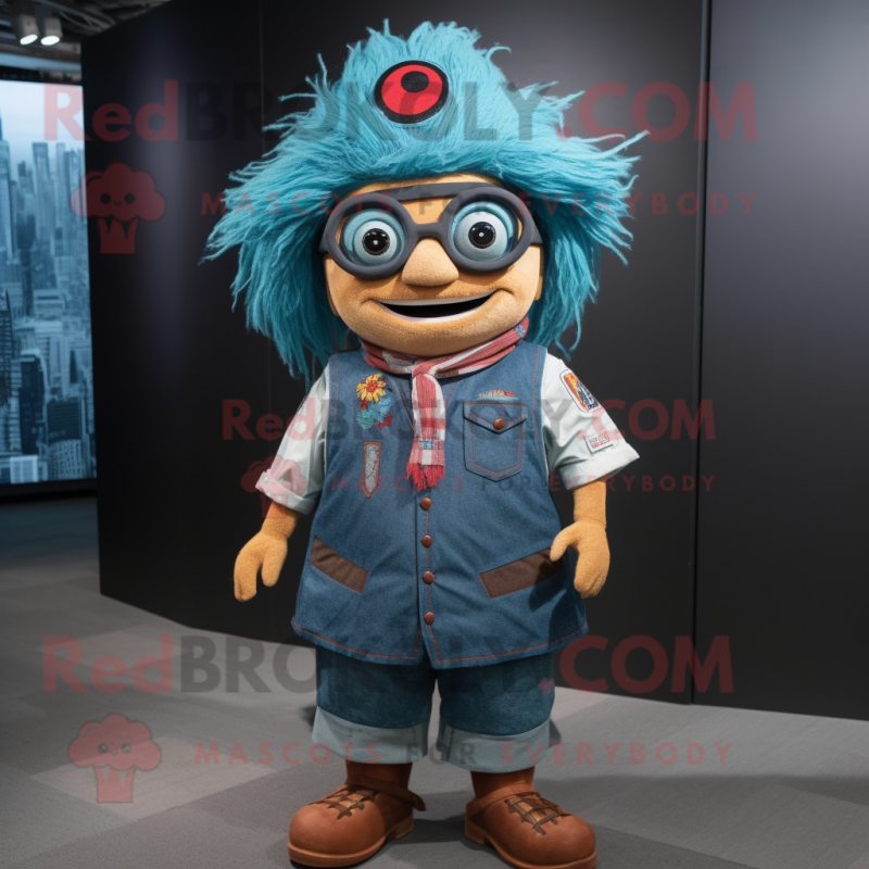 Turquoise Chief mascot costume character dressed with a Denim Shirt and Eyeglasses