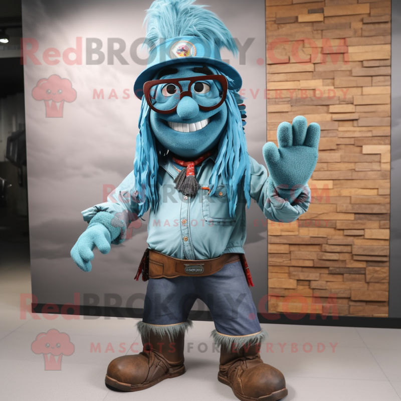 Turquoise Chief mascot costume character dressed with a Denim Shirt and Eyeglasses