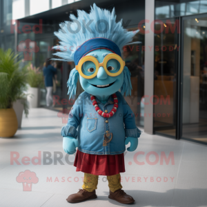 Turquoise Chief mascot costume character dressed with a Denim Shirt and Eyeglasses