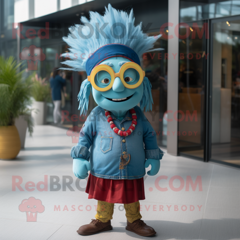 Turquoise Chief mascot costume character dressed with a Denim Shirt and Eyeglasses