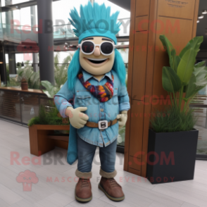 Turquoise Chief mascot costume character dressed with a Denim Shirt and Eyeglasses