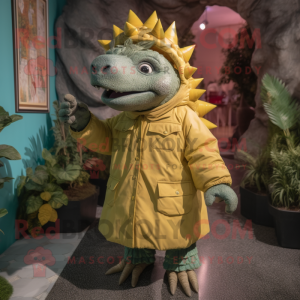nan Stegosaurus mascot costume character dressed with a Parka and Lapel pins