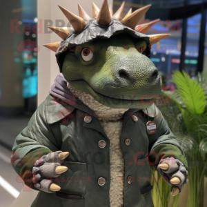 nan Stegosaurus mascot costume character dressed with a Parka and Lapel pins