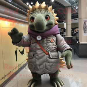 nan Stegosaurus mascot costume character dressed with a Parka and Lapel pins