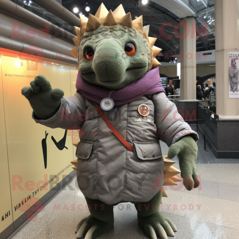 nan Stegosaurus mascot costume character dressed with a Parka and Lapel pins nan Stegosaurus mascot costume character dressed with a Parka and Lapel pins