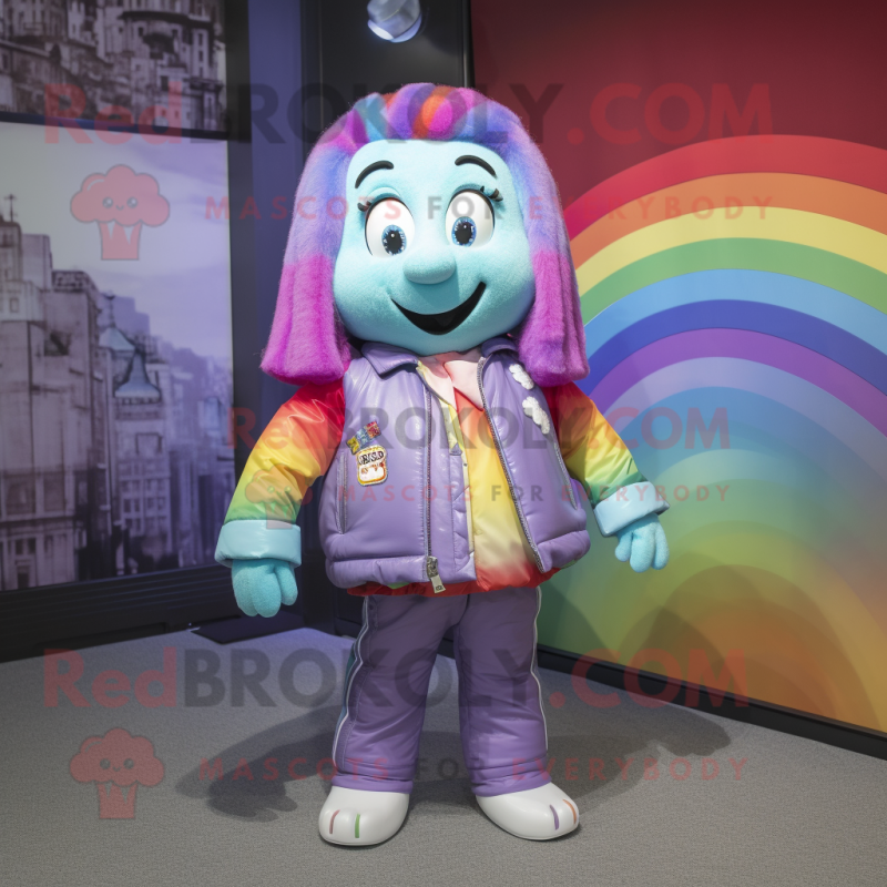 Lavender Rainbow mascot costume character dressed with a Leather Jacket and Clutch bags