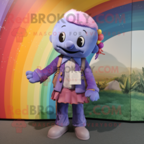 Lavender Rainbow mascot costume character dressed with a Leather Jacket and Clutch bags