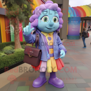 Lavender Rainbow mascot costume character dressed with a Leather Jacket and Clutch bags