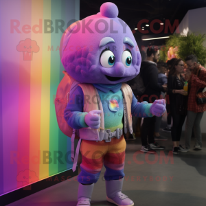 Lavender Rainbow mascot costume character dressed with a Leather Jacket and Clutch bags