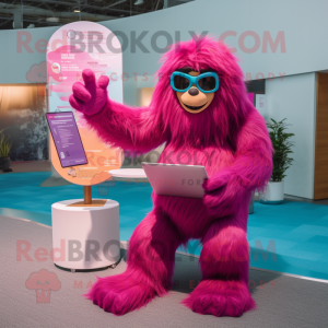 Magenta Sasquatch mascot costume character dressed with a One-Piece Swimsuit and Reading glasses