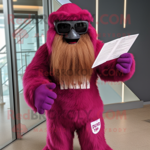 Magenta Sasquatch mascot costume character dressed with a One-Piece Swimsuit and Reading glasses