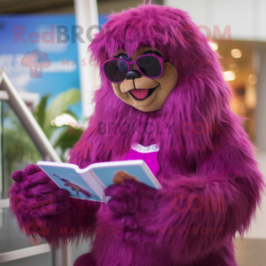 Magenta Sasquatch mascot costume character dressed with a One-Piece Swimsuit and Reading glasses