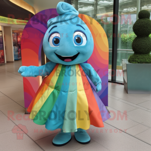 Turquoise Rainbow mascot costume character dressed with a Wrap Dress and Brooches