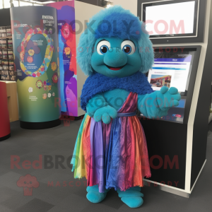 Turquoise Rainbow mascot costume character dressed with a Wrap Dress and Brooches