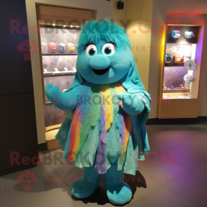 Turquoise Rainbow mascot costume character dressed with a Wrap Dress and Brooches