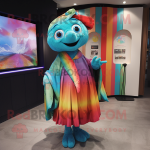 Turquoise Rainbow mascot costume character dressed with a Wrap Dress and Brooches