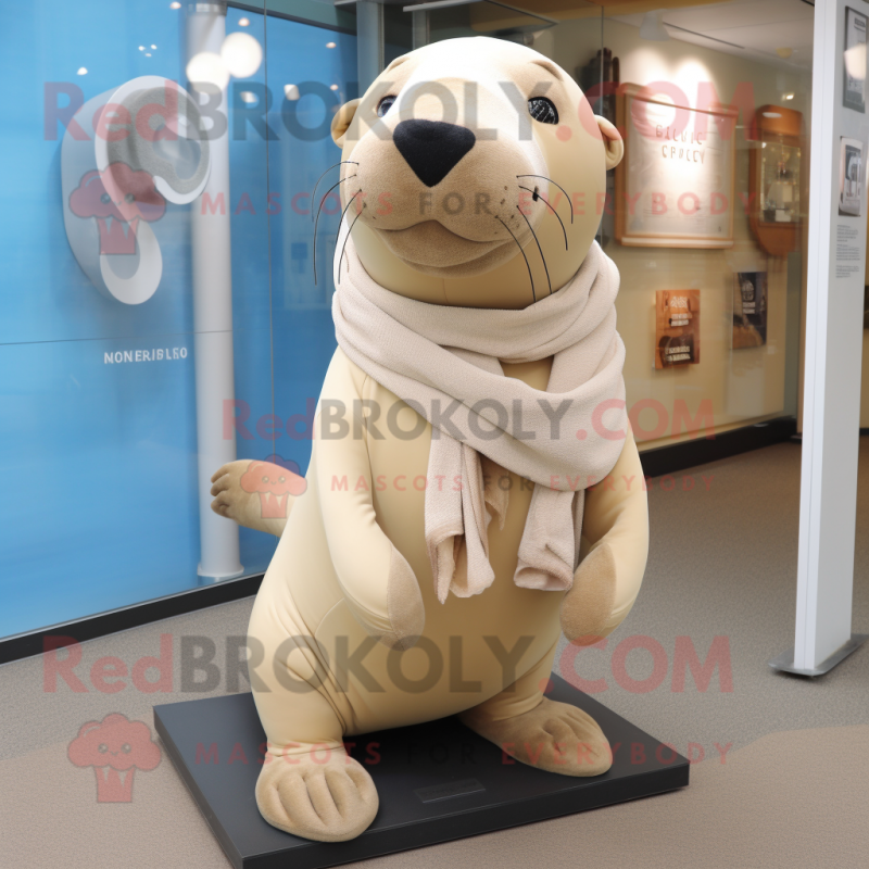 Beige Sea Lion mascot costume character dressed with a Rash Guard and Scarf clips Beige Sea Lion mascot costume character dressed with a Rash Guard and Scarf clips