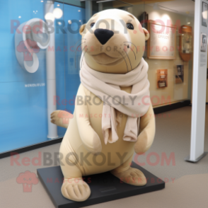 Beige Sea Lion mascot costume character dressed with a Rash Guard and Scarf clips