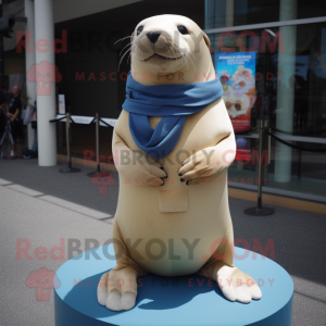 Beige Sea Lion mascot costume character dressed with a Rash Guard and Scarf clips