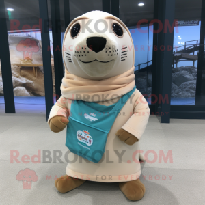 Beige Sea Lion mascot costume character dressed with a Rash Guard and Scarf clips