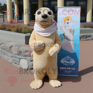 Beige Sea Lion mascot costume character dressed with a Rash Guard and Scarf clips