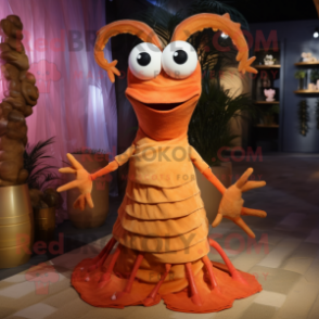 Rust Shrimp Scampi mascot costume character dressed with a Evening Gown and Brooches