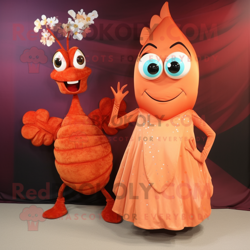 Rust Shrimp Scampi mascot costume character dressed with a Evening Gown and Brooches Rust Shrimp Scampi mascot costume character dressed with a Evening Gown and Brooches