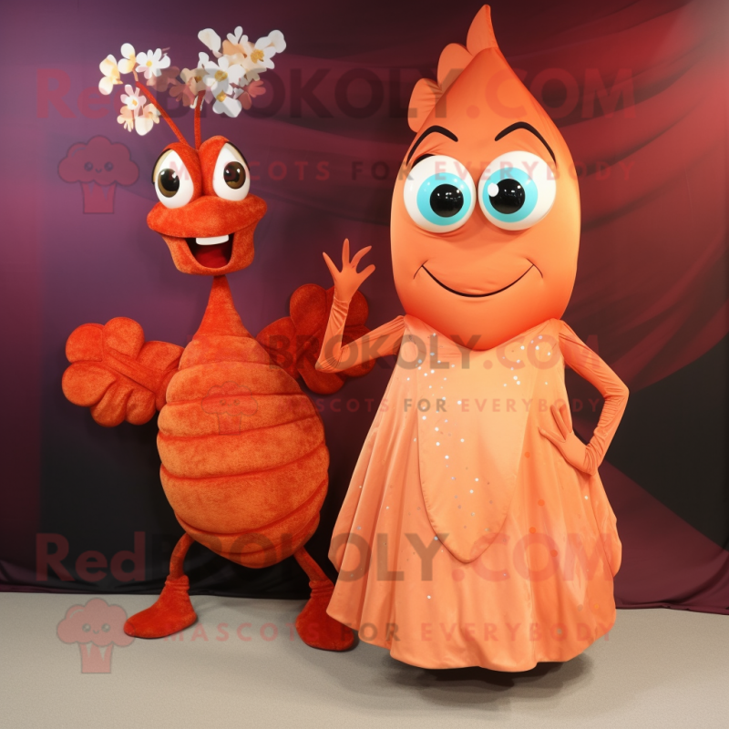 Rust Shrimp Scampi mascot costume character dressed with a Evening Gown and Brooches