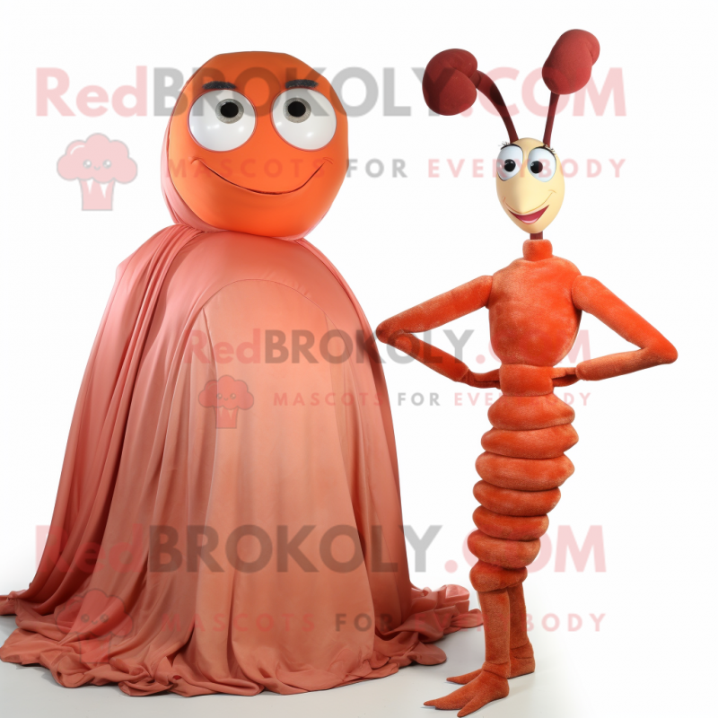 Rust Shrimp Scampi mascot costume character dressed with a Evening Gown and Brooches
