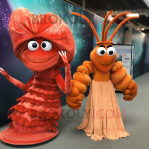 Rust Shrimp Scampi mascot costume character dressed with a Evening Gown and Brooches
