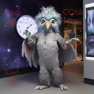 Silver Harpy mascot costume character dressed with a Mini Skirt and Digital watches