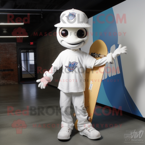 White Skateboard mascot costume character dressed with a Jeggings and Messenger bags
