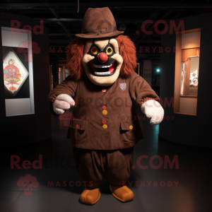 Brown Evil Clown mascot costume character dressed with a Coat and Berets