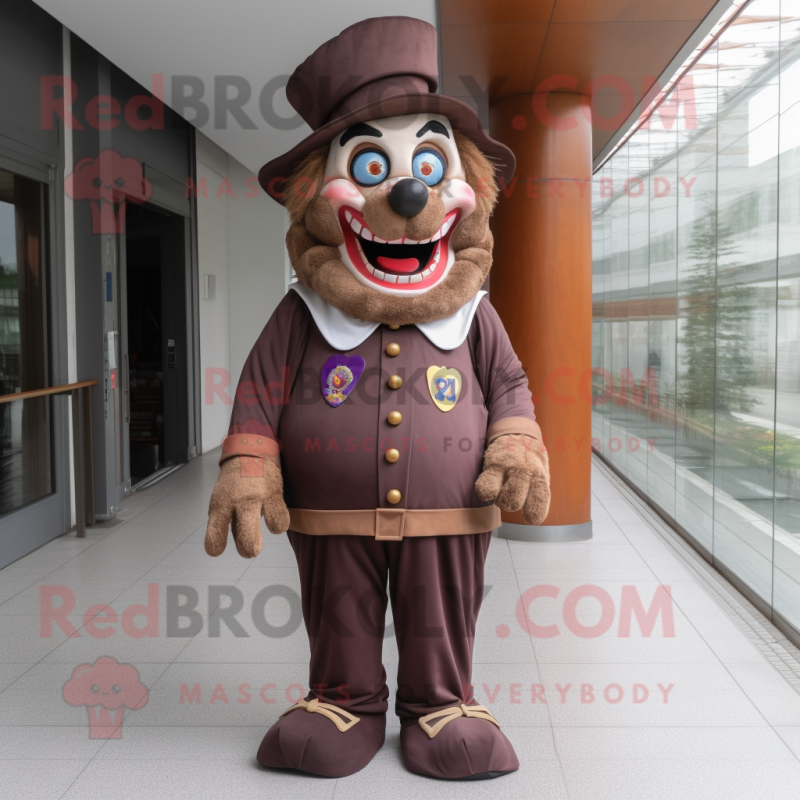 Brown Evil Clown mascot costume character dressed with a Coat and Berets