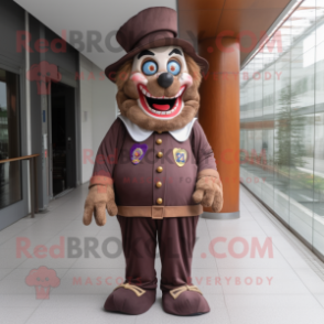 Brown Evil Clown mascot costume character dressed with a Coat and Berets