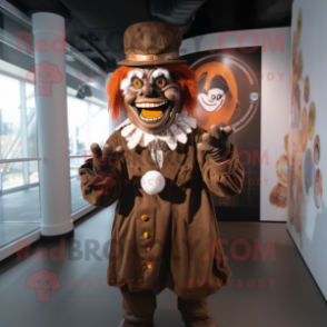Brown Evil Clown mascot costume character dressed with a Coat and Berets