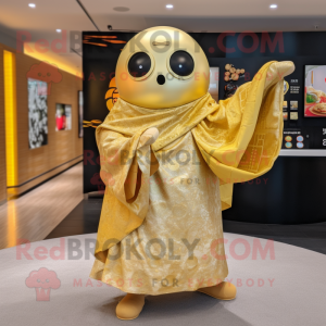 Gold Sushi mascot costume character dressed with a Culottes and Shawl pins