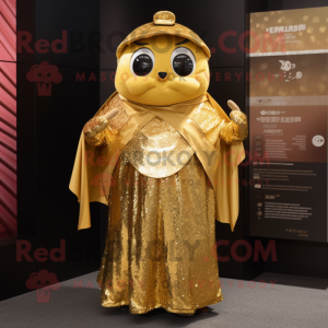Gold Sushi mascot costume character dressed with a Culottes and Shawl pins