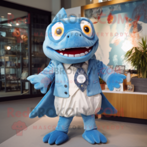 Sky Blue Piranha mascot costume character dressed with a Blazer and Shawls