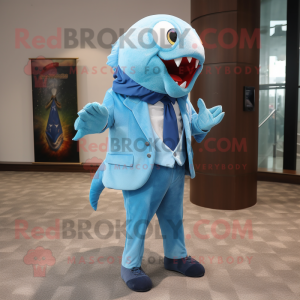 Sky Blue Piranha mascot costume character dressed with a Blazer and Shawls