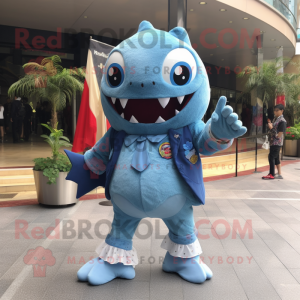 Sky Blue Piranha mascot costume character dressed with a Blazer and Shawls